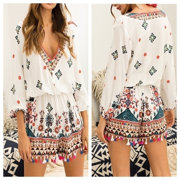 Boho Geometric Print Romper with Tassels - Picture 1 of 7
